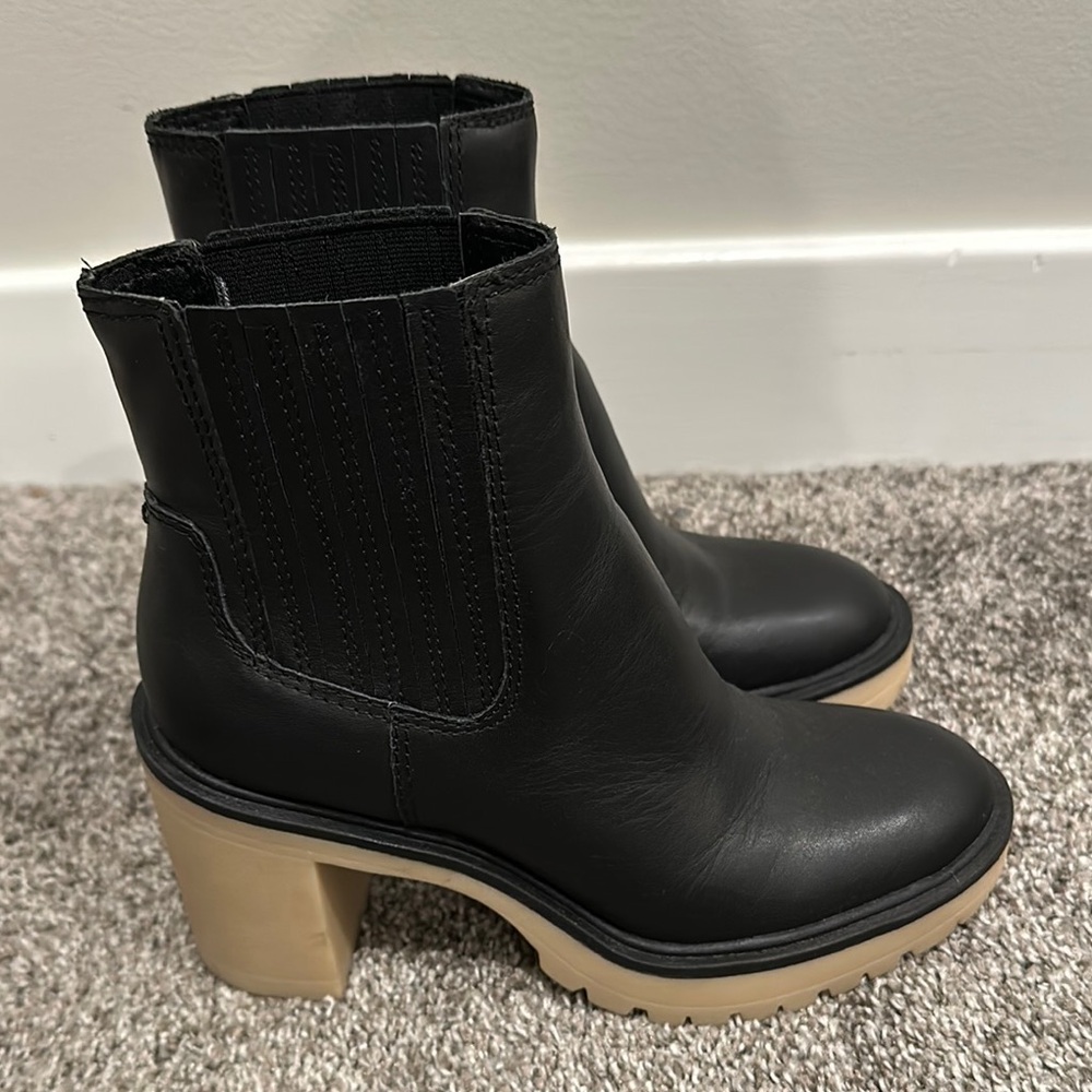 Black Leather Ankle Boots with Tan Sole
